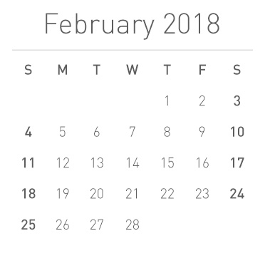 Calendar for February 2018