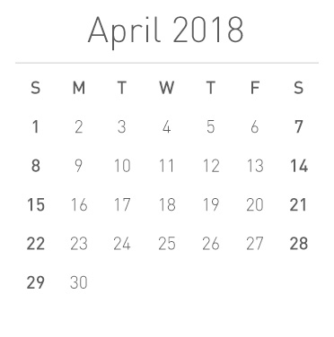 Calendar for April 2018